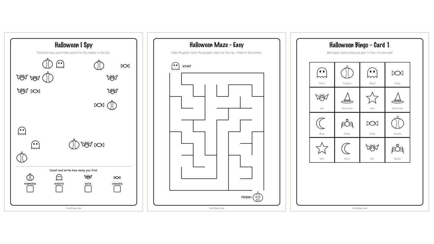 10 Free Halloween Activity Printables (Non-Scary, Ages 3-8) Three pages from the free Halloween activity pack side by side - the I spy page, the easy maze and a bingo card