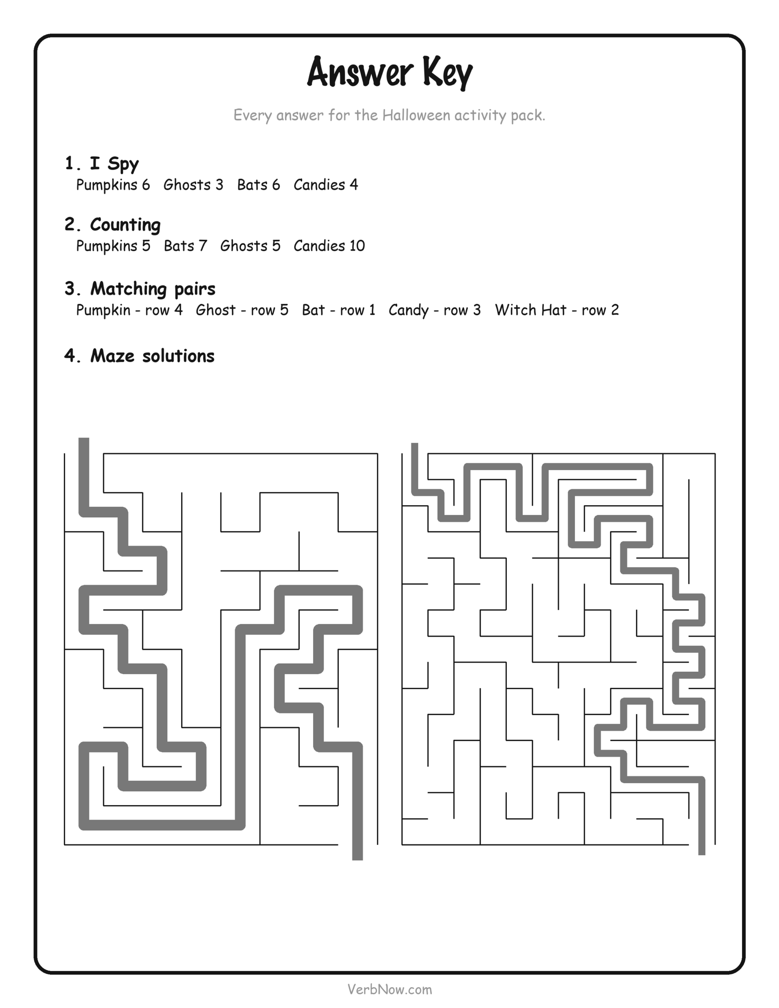 10 Free Halloween Activity Printables (Non-Scary, Ages 3-8) Answer key for the Halloween activity pack — I spy counts, both maze solutions and the matching pairs