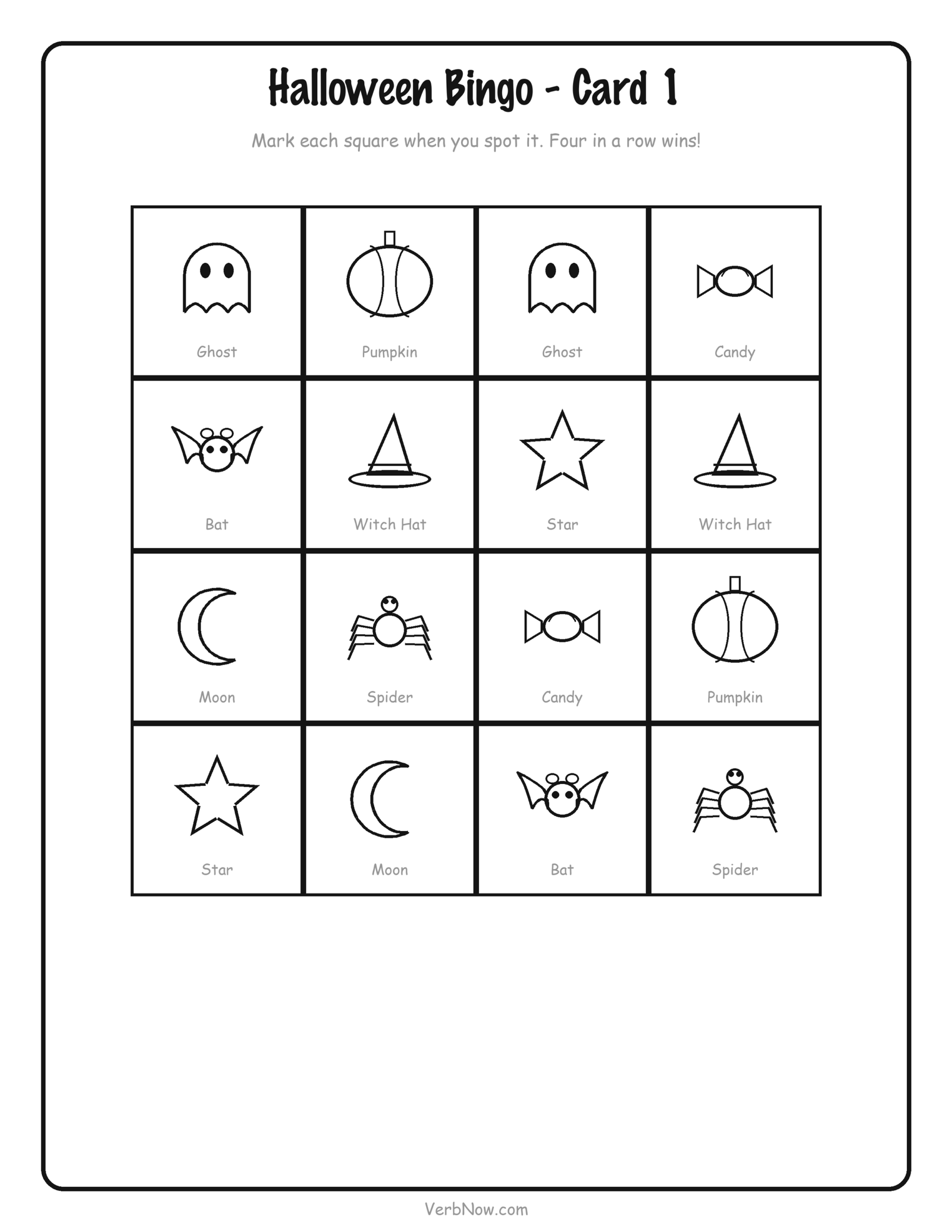 10 Free Halloween Activity Printables (Non-Scary, Ages 3-8) Halloween bingo card printable — a four by four grid of pumpkins, ghosts, bats, spiders, candy, hats, moons and stars