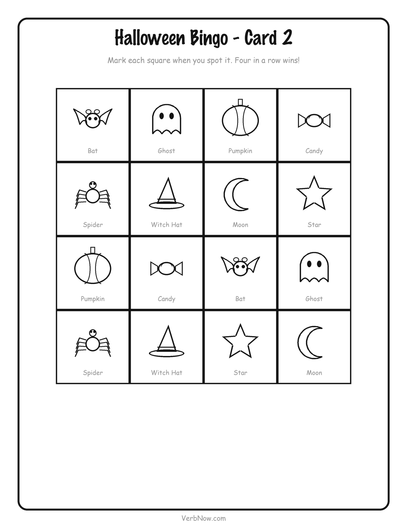 10 Free Halloween Activity Printables (Non-Scary, Ages 3-8) Second Halloween bingo card printable with the same eight icons shuffled into a different four by four grid