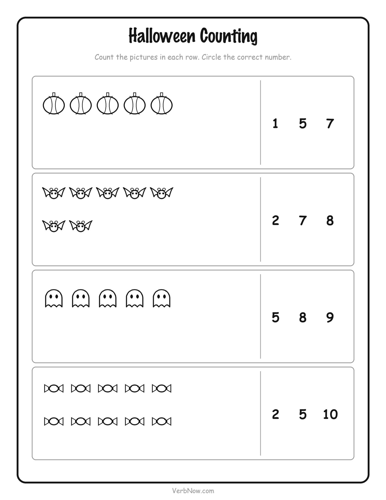10 Free Halloween Activity Printables (Non-Scary, Ages 3-8) Halloween counting worksheet — count the pumpkins, bats, ghosts and candies in each row and circle the correct number
