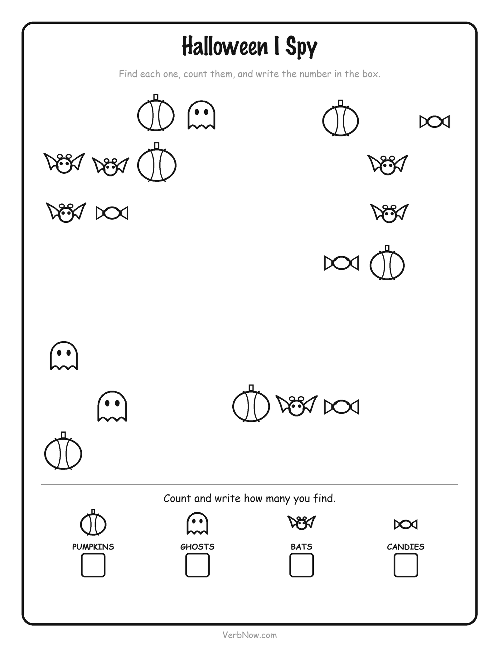 10 Free Halloween Activity Printables (Non-Scary, Ages 3-8) Halloween I spy printable — count the pumpkins, ghosts, bats and candy, then write each number in the box