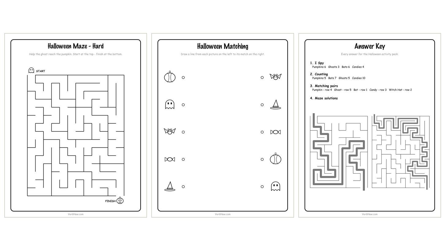 10 Free Halloween Activity Printables (Non-Scary, Ages 3-8) The harder Halloween maze, the matching page and the answer key that comes with the pack