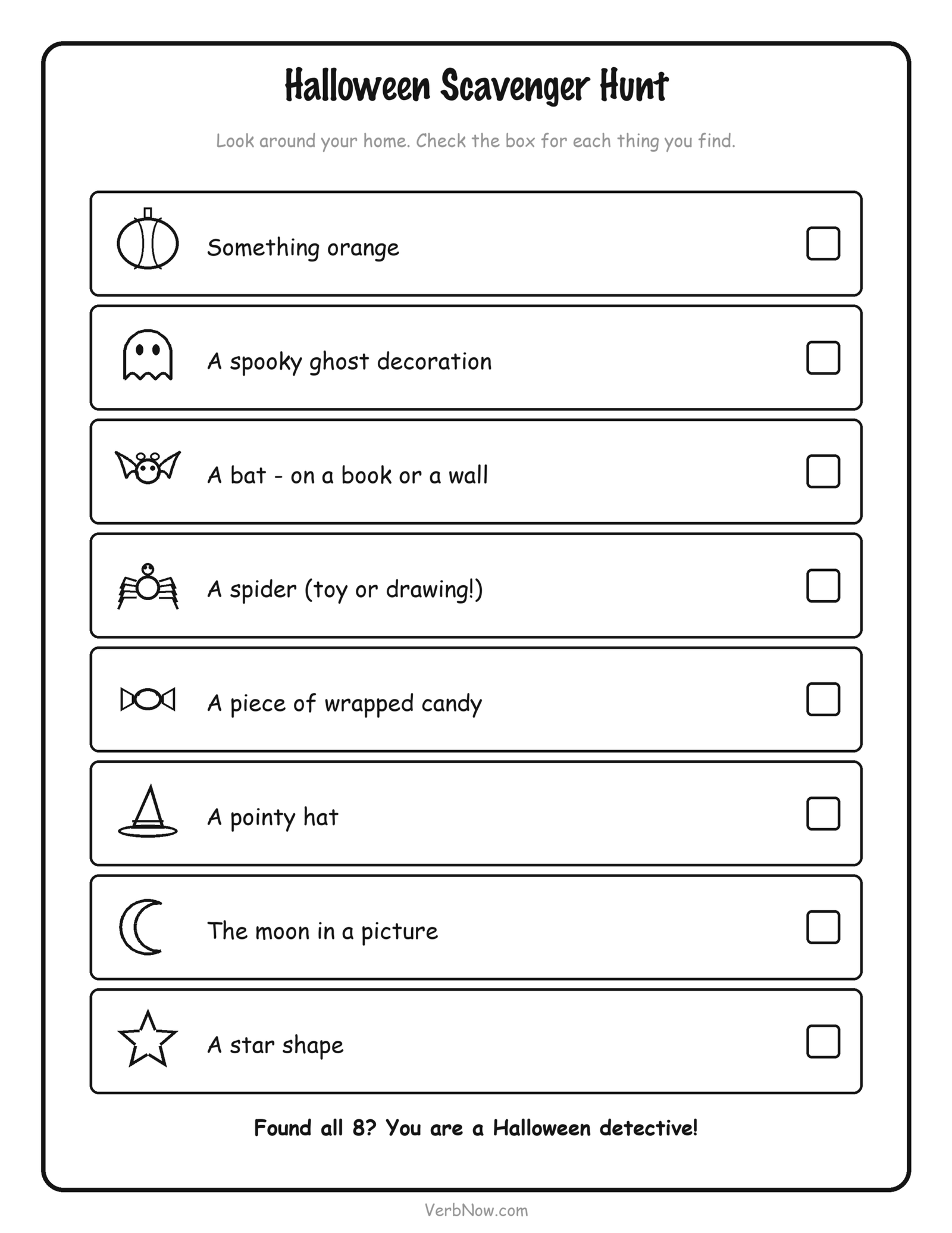 10 Free Halloween Activity Printables (Non-Scary, Ages 3-8) Indoor Halloween scavenger hunt printable — eight things to find at home with a checkbox for each