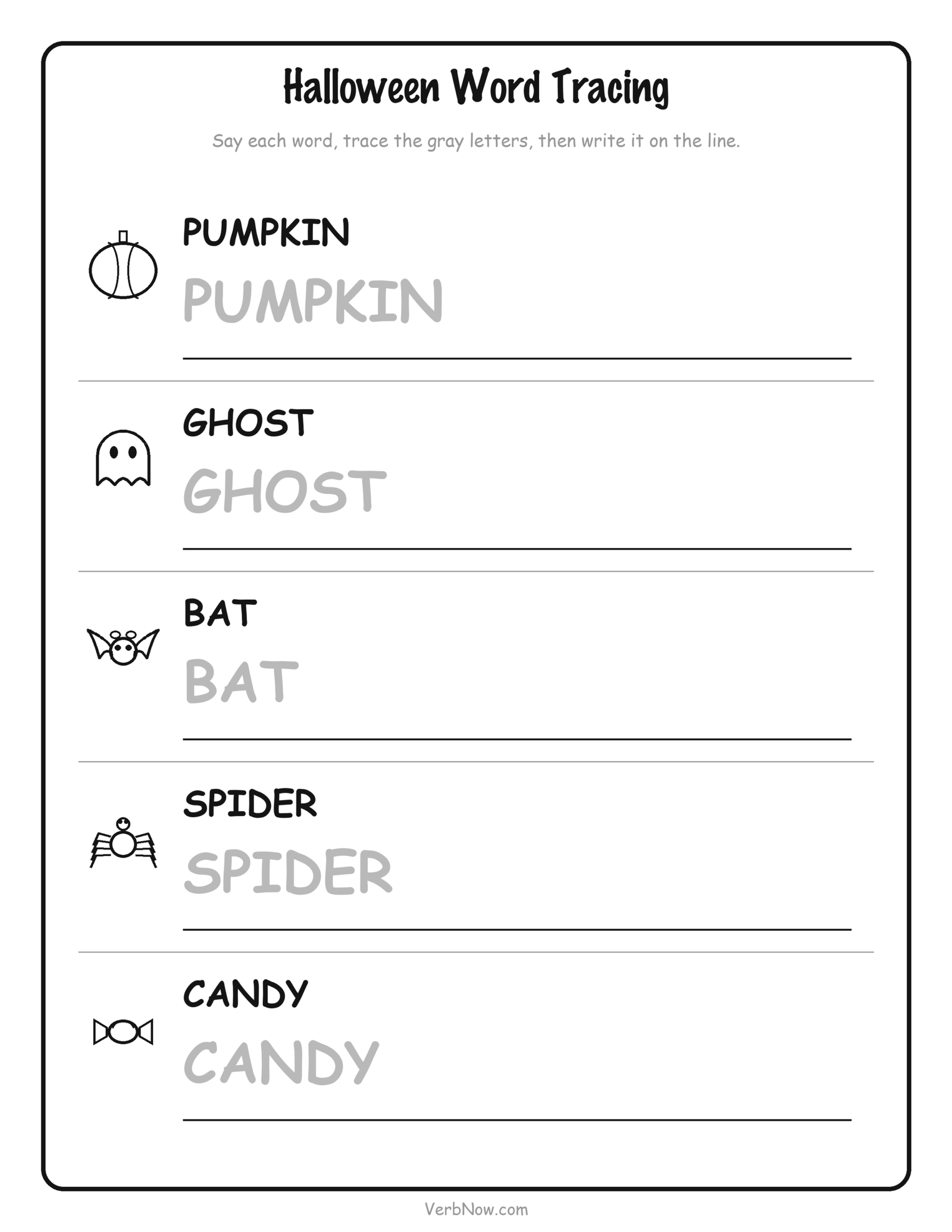 10 Free Halloween Activity Printables (Non-Scary, Ages 3-8) Halloween word tracing printable — trace the words pumpkin, ghost, bat, spider and candy on ruled lines