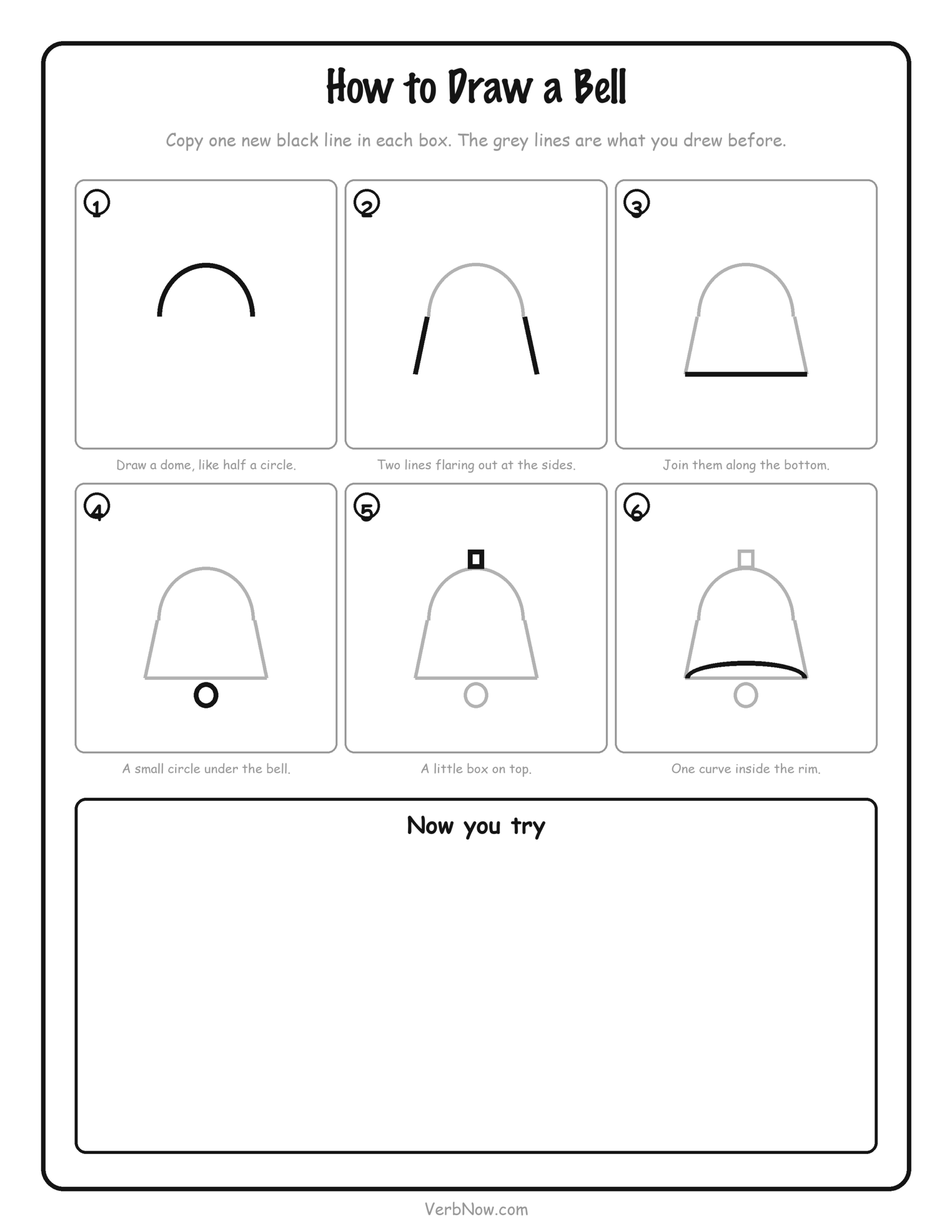 How to Draw 9 Christmas Things (Free Step-by-Step Printables) How to draw a bell step by step printable - six numbered boxes adding one new black line each time (a dome, two flared sides, a base, a clapper and a rim curve), with a large empty box to practise in