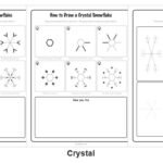 Three of the five printable snowflake drawing sheets: the easy six-step sheet that starts with three crossed lines, the branched snowflake with two rows of V shapes, the crystal snowflake that starts from a hexagon, the tracing page with three faint snowflakes, and the practice page of six boxes with guide lines