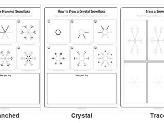 Three of the five printable snowflake drawing sheets: the easy six-step sheet that starts with three crossed lines, the branched snowflake with two rows of V shapes, the crystal snowflake that starts from a hexagon, the tracing page with three faint snowflakes, and the practice page of six boxes with guide lines