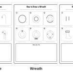Five of the ten printable Christmas drawing sheets: how to draw a snowman in six steps, a candy cane, a wreath, a stocking and the practice page of six empty boxes with faint guide lines