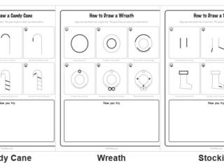 Five of the ten printable Christmas drawing sheets: how to draw a snowman in six steps, a candy cane, a wreath, a stocking and the practice page of six empty boxes with faint guide lines
