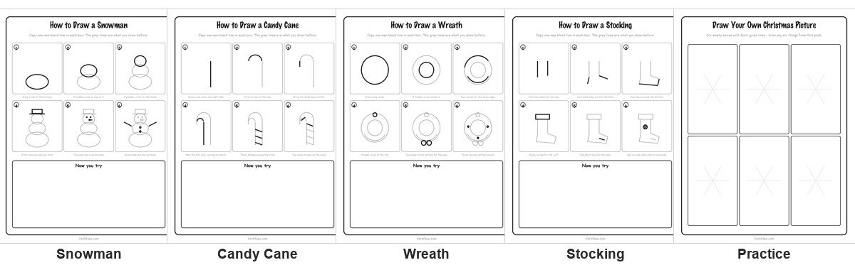 How to Draw 9 Christmas Things (Free Step-by-Step Printables) Five of the ten printable Christmas drawing sheets: how to draw a snowman in six steps, a candy cane, a wreath, a stocking and the practice page of six empty boxes with faint guide lines