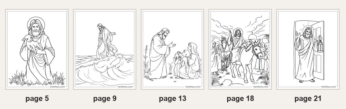 Learn Faith Through 22 Jesus Coloring Pages (Printable PDF) Five of the 22 Jesus coloring pages: page 5 Jesus holding a lamb, page 9 Jesus walking on water, page 13 Jesus with children and a mother, page 18 Jesus riding a donkey into the city, page 21 Jesus knocking at a door with a lantern