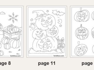 Five of the 21 printable pumpkin coloring pages: page 6 two jack-o'-lanterns in the grass, page 8 a girl loading pumpkins into a cart, page 11 a stack of jack-o'-lanterns in a witch hat, page 14 six carved pumpkin faces, page 20 a scarecrow in a pumpkin patch