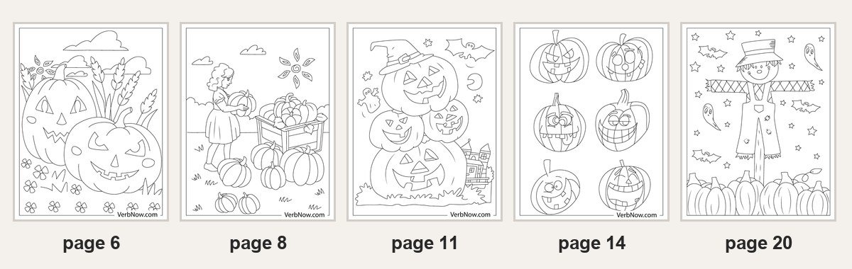 21 Free Pumpkin Coloring Pages (Jack-o'-Lanterns & Pumpkin Patch, PDF) Five of the 21 printable pumpkin coloring pages: page 6 two jack-o'-lanterns in the grass, page 8 a girl loading pumpkins into a cart, page 11 a stack of jack-o'-lanterns in a witch hat, page 14 six carved pumpkin faces, page 20 a scarecrow in a pumpkin patch
