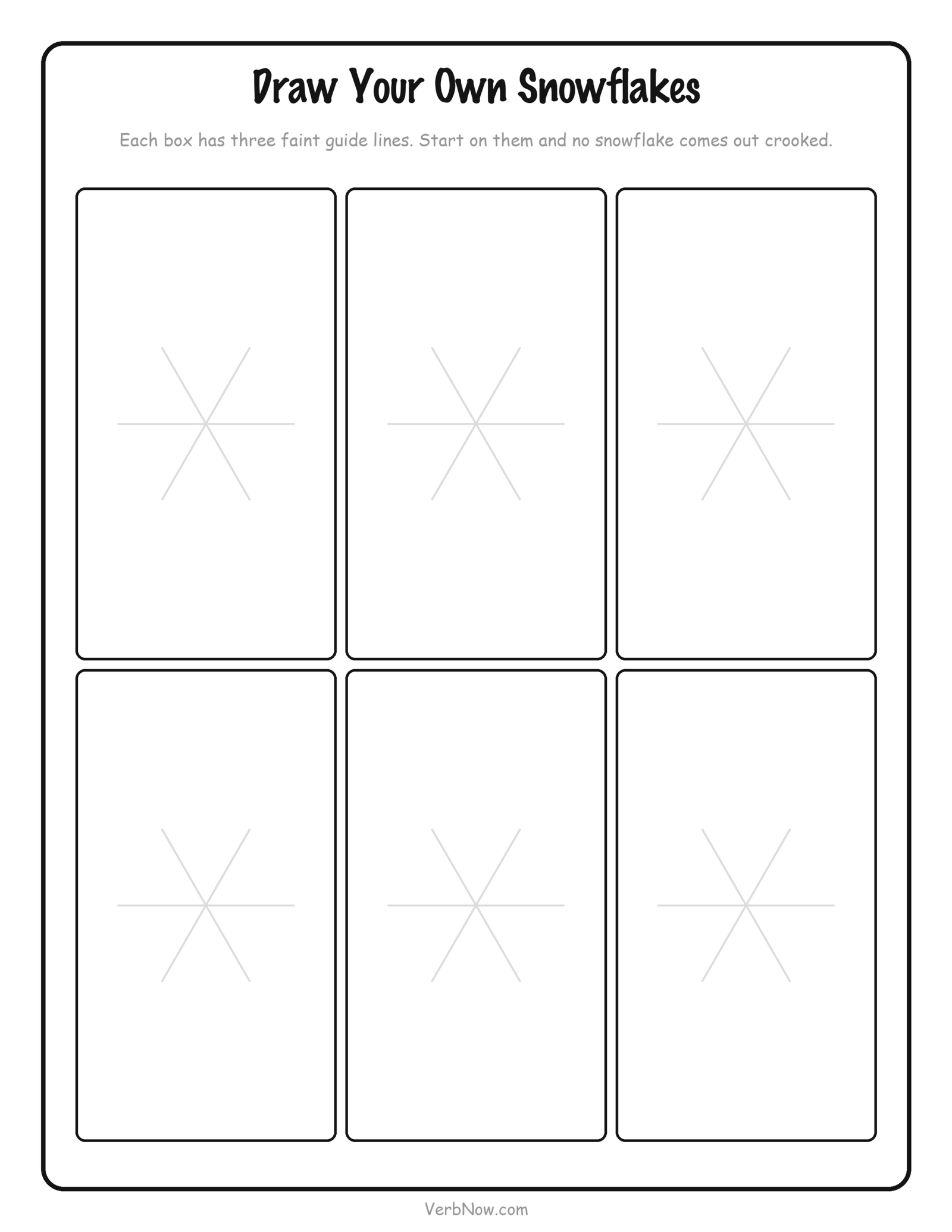 How to Draw a Snowflake: 3 Step-by-Step Sheets (Free PDF) Snowflake practice printable with six empty boxes, each with three faint crossed guide lines so the six arms come out even