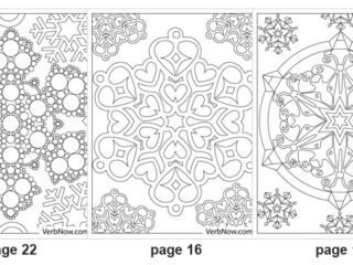 Five of the 22 printable snowflake coloring pages: page 2 a bold six-point snowflake with wide arms, page 22 a snowflake built from hundreds of circles, page 16 a snowflake made of linked hearts, page 18 a snowflake inside a mandala circle, page 7 a feathered crystal snowflake filling the sheet