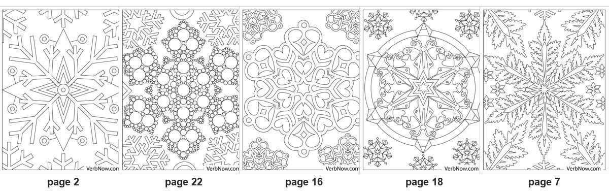 22 Free Snowflake Coloring Pages (Detailed Crystals & Mandalas, PDF) Five of the 22 printable snowflake coloring pages: page 2 a bold six-point snowflake with wide arms, page 22 a snowflake built from hundreds of circles, page 16 a snowflake made of linked hearts, page 18 a snowflake inside a mandala circle, page 7 a feathered crystal snowflake filling the sheet