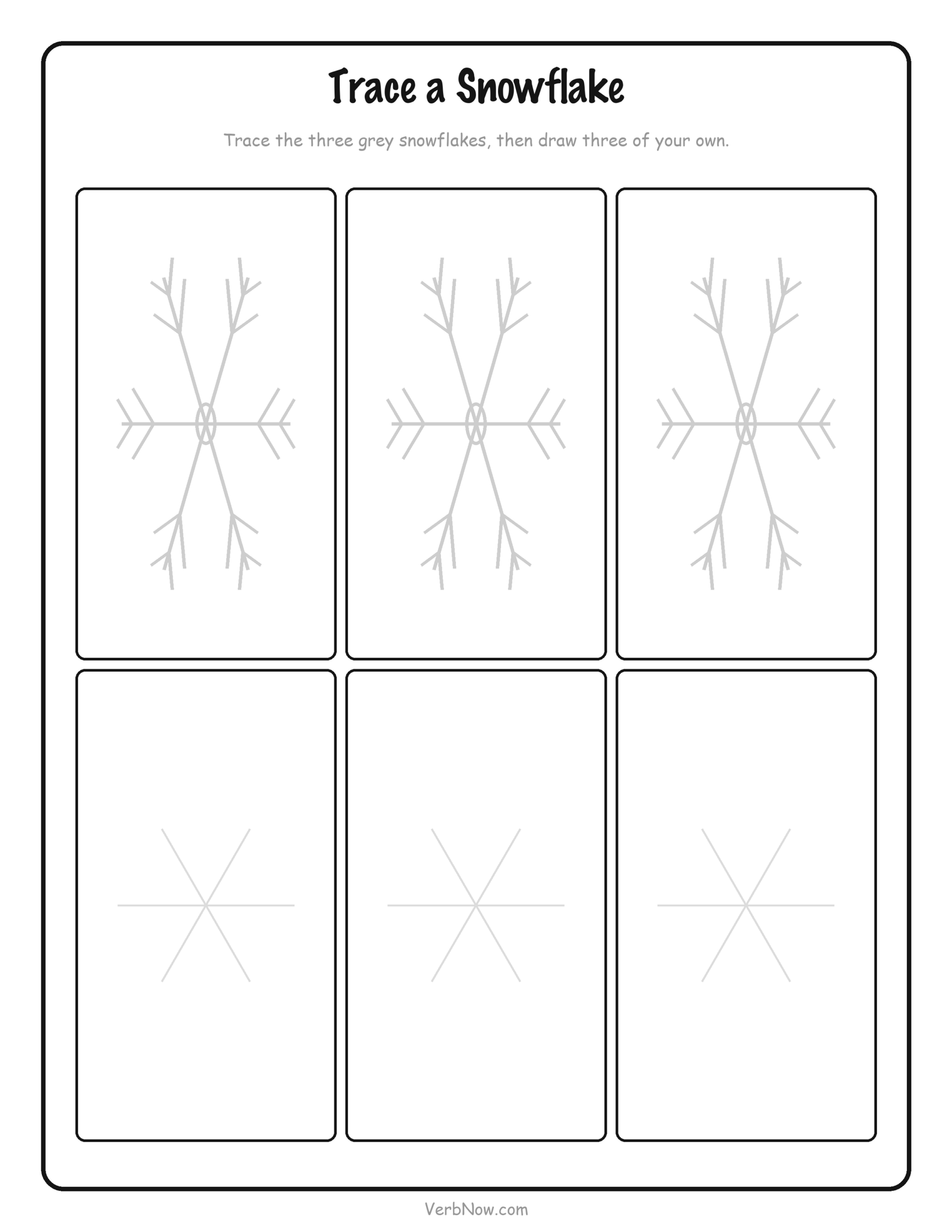 How to Draw a Snowflake: 3 Step-by-Step Sheets (Free PDF) Snowflake tracing printable - three faint snowflakes to trace over and three empty boxes with guide lines to draw your own