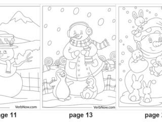 Five of the 22 printable snowman coloring pages: page 3 two children rolling a snowman, page 11 a simple snowman in a top hat in front of mountains, page 13 a snowman in earmuffs with two penguins, page 20 a snowman surrounded by six bunnies, page 6 a stack of snowmen riding a sleigh full of presents