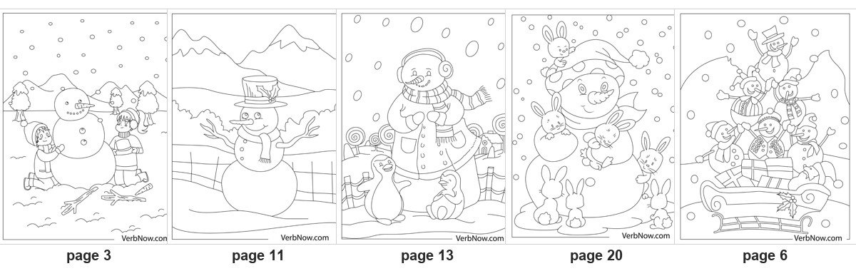 22 Free Snowman Coloring Pages (Cute, Simple & Snow Scenes, PDF) Five of the 22 printable snowman coloring pages: page 3 two children rolling a snowman, page 11 a simple snowman in a top hat in front of mountains, page 13 a snowman in earmuffs with two penguins, page 20 a snowman surrounded by six bunnies, page 6 a stack of snowmen riding a sleigh full of presents