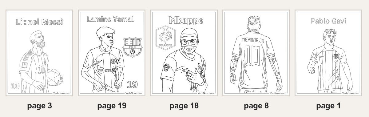 19 Free Soccer Player Coloring Pages (Printable PDF) The five soccer player coloring pages that print the player's name or shirt: page 3 Lionel Messi, page 19 Lamine Yamal with the Barcelona crest, page 18 Mbappe with the France crest, page 8 Neymar Jr number 10 from behind, page 1 Pablo Gavi