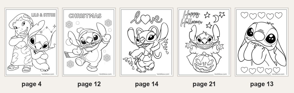 30 Stitch Coloring Pages for Hours of Family Fun (Free PDF) Five of the 30 printable Stitch coloring pages: page 4 Lilo and Stitch, page 12 Christmas Stitch, page 14 Angel with the word love, page 21 Happy Halloween Stitch on a pumpkin, page 13 simple Stitch face with hearts