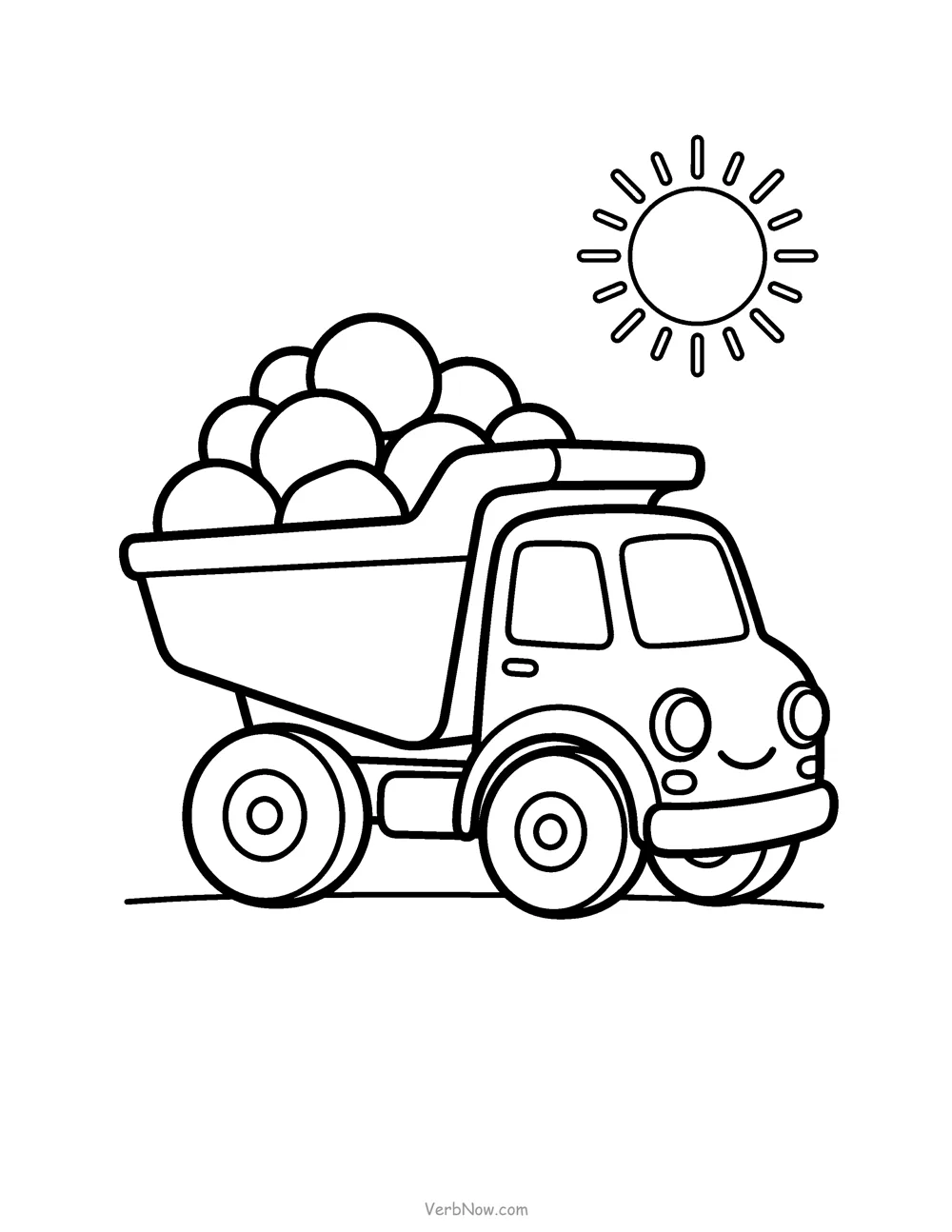 VerbNow Printable Maker Sample coloring page from VerbNow Printable Maker: a smiling dump truck carrying round rocks under a sun