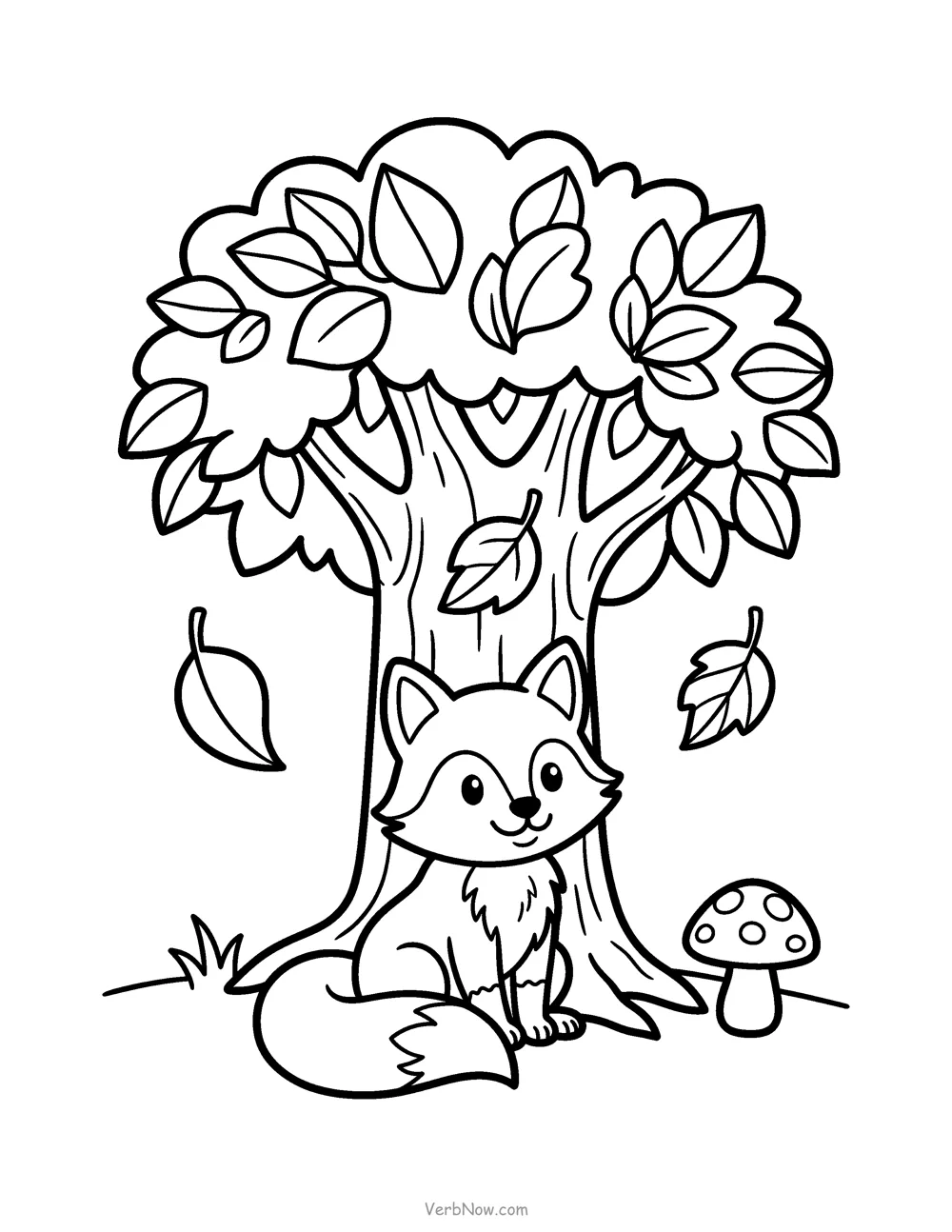 VerbNow Printable Maker Sample coloring page from VerbNow Printable Maker: a fox sitting under a leafy tree with falling leaves and a mushroom